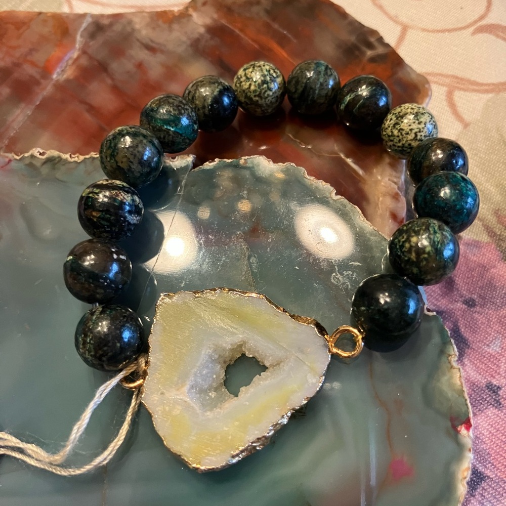 Yellow Jasper Druzy & Dark Green Bead Bracelet - Gold Plated Trim Accent